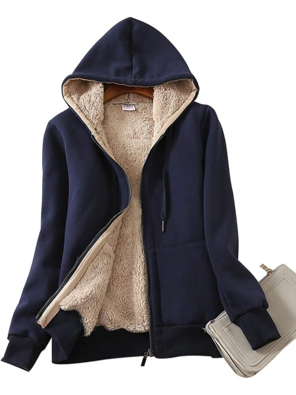 〽️Women Dark Blue Casual Full Zip Up Sherpa Lined Hoodie Sweatshirt Jacket Coat